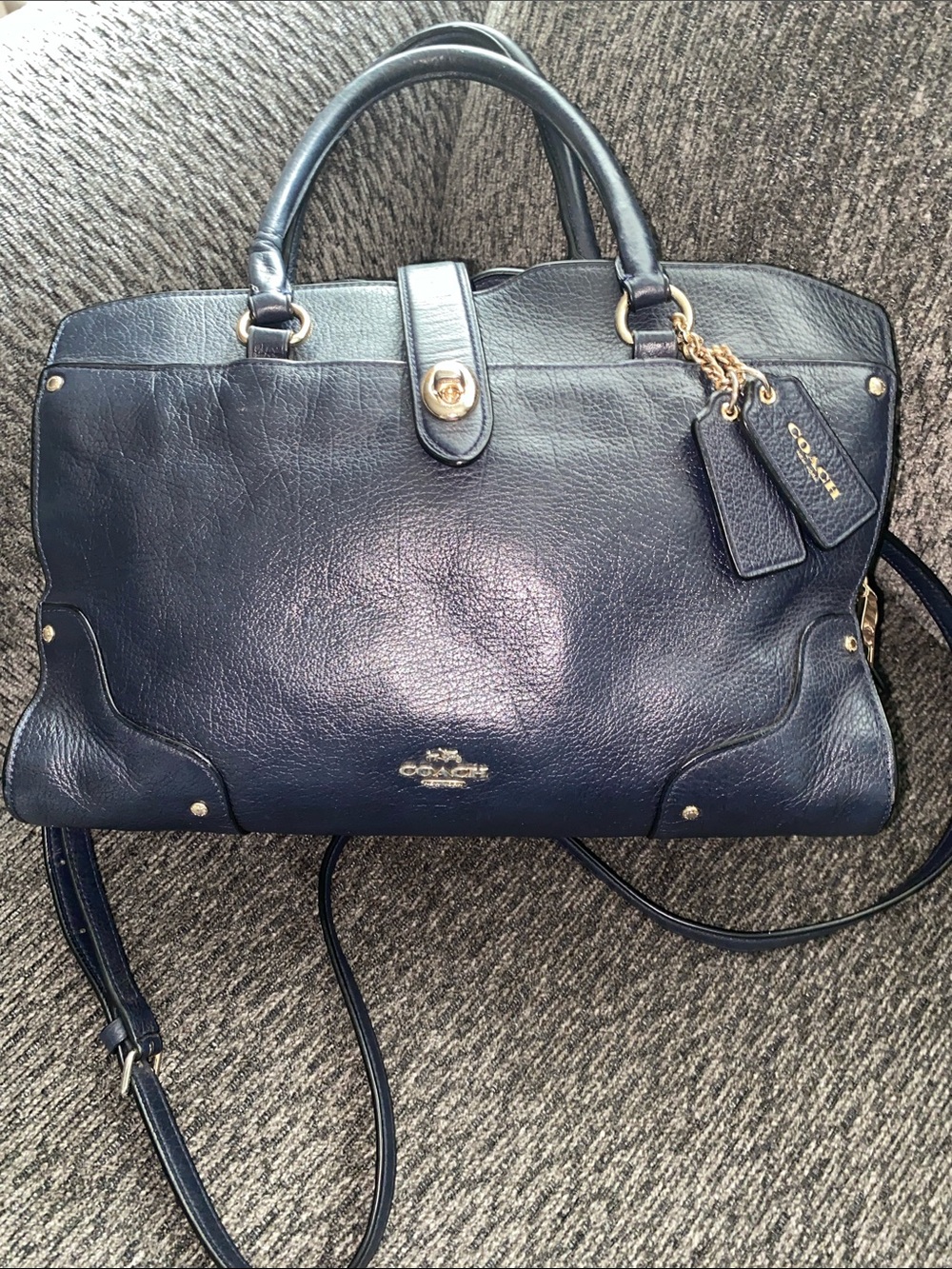 Coach Navy Mercer Leather Satchel with Gold Accents